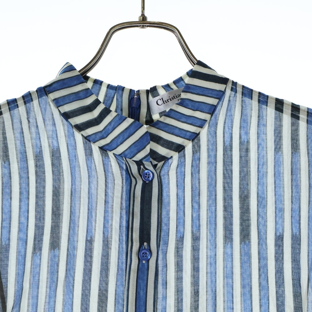 Christian Dior(クリスチャンディオール) 21SS ストライプ総柄 コットン シースルー スタンドカラー 半袖 ミディアム フレア シャツ ワンピース ドレス ブルー/ネイビー レディース 121R43A3659