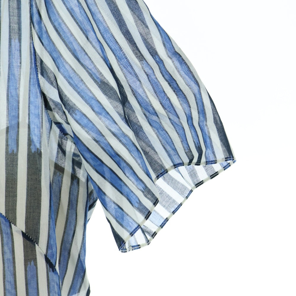 Christian Dior(クリスチャンディオール) 21SS ストライプ総柄 コットン シースルー スタンドカラー 半袖 ミディアム フレア シャツ ワンピース ドレス ブルー/ネイビー レディース 121R43A3659