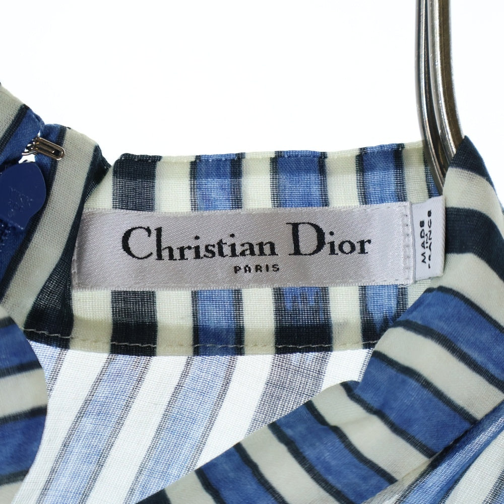 Christian Dior(クリスチャンディオール) 21SS ストライプ総柄 コットン シースルー スタンドカラー 半袖 ミディアム フレア シャツ ワンピース ドレス ブルー/ネイビー レディース 121R43A3659