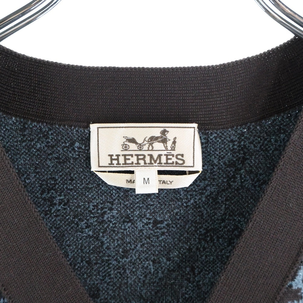 HERMES(エルメス) 総柄ジャガード レーヨン混 ウール ニット 長袖カーディガン ブラウン