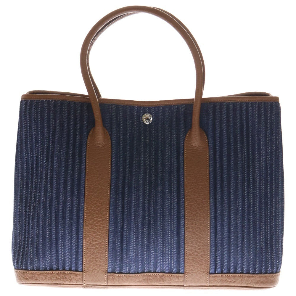HERMES(エルメス) ガーデンパーティPM トワルデニムカヌレ トートバッグ ハンドバッグ ネイビー×ブラウン □L刻印 レディース