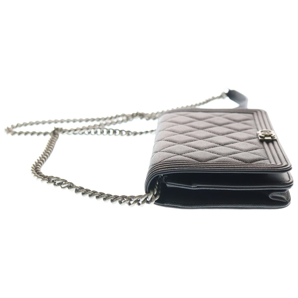 CHANEL(シャネル) ボーイシャネル マトラッセ ココマーク キャビアスキン レザー チェーン ウォレット ショルダーバッグ シルバー金具 ブラック 29番台 レディース