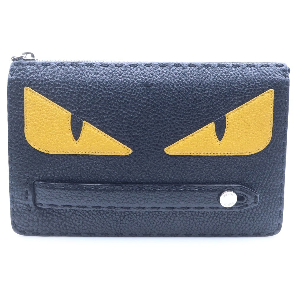 FENDI(フェンディ) バグズアイ クラッチバッグ セカンドバッグ ケース ポーチ ブラック レザー 7VA350 シルバー金具 レディース