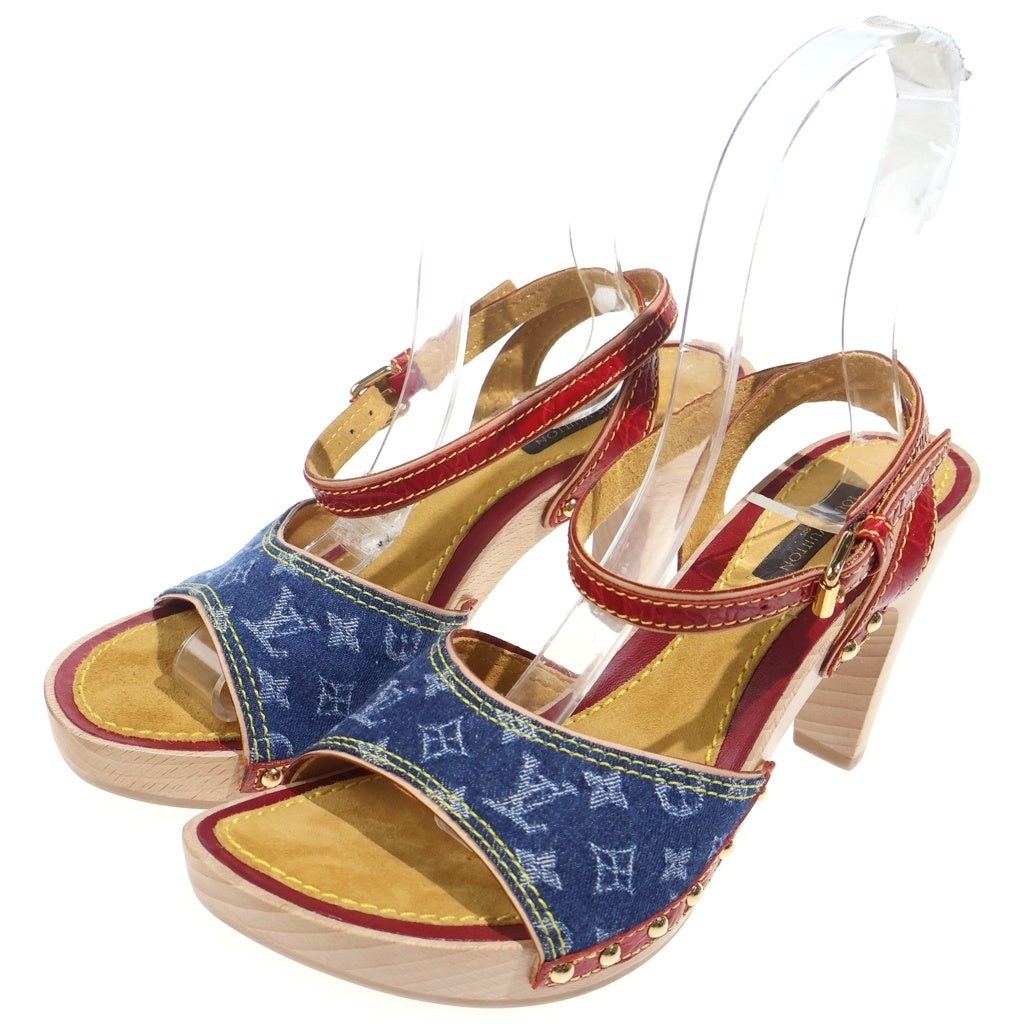 LOUIS VUITTON(ルイヴィトン) モノグラムデニム ストラップ ヒール サンダル シューズ インディゴ/レッド レディース CL0035