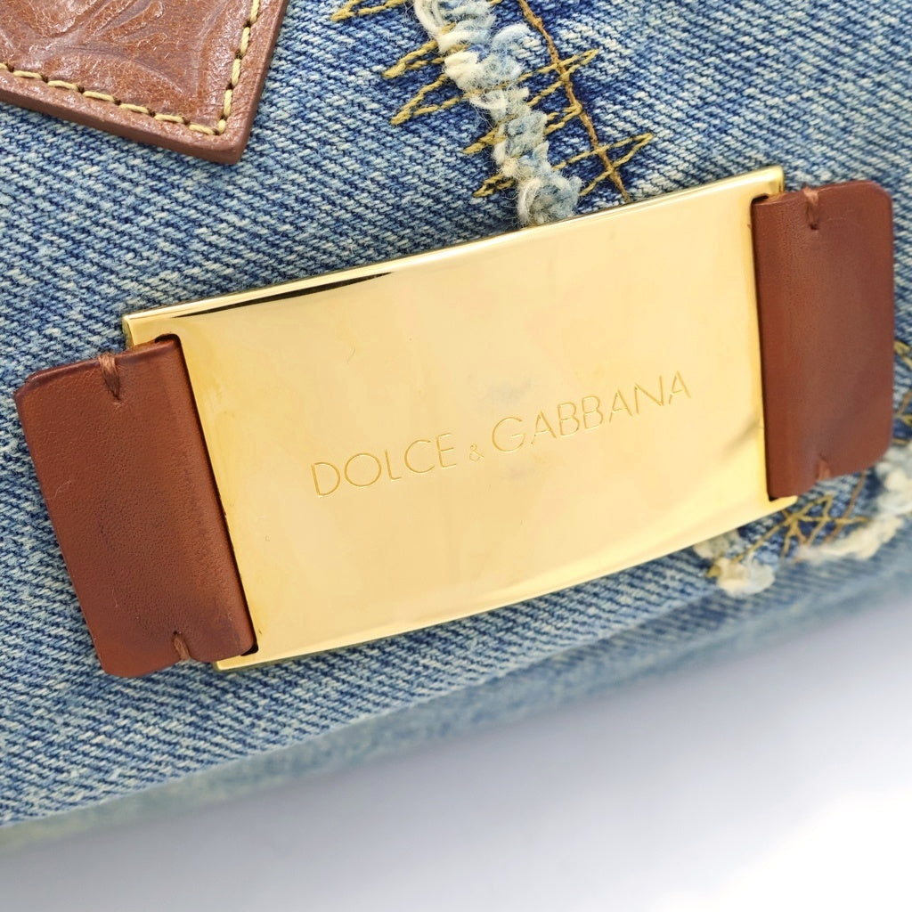 DOLCE & GABBANA(ドルチェアンドガッバーナ) パッチワーク デニムワンショルダーバッグ ブラウン×インディゴブルー レザー×デニム ゴールド金具 レディース