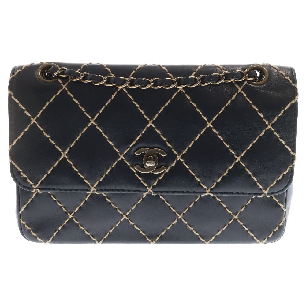 CHANEL(シャネル) ワイルドステッチ チェーンショルダーバッグ 斜め掛けバッグ 肩掛けバッグ ブラック ゴールド金具 レザー カーフ ヴィンテージ