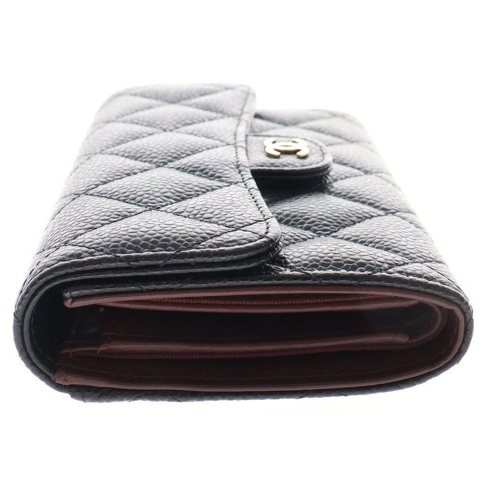 CHANEL(シャネル) マトラッセ 三つ折り財布 ロングフラップウォレット ブラック キャビアスキン ゴールド金具