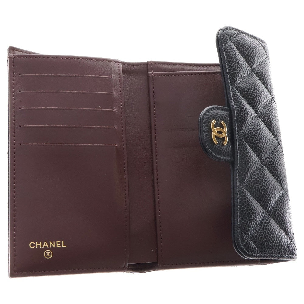 CHANEL(シャネル) マトラッセ 三つ折り財布 ロングフラップウォレット ブラック キャビアスキン ゴールド金具
