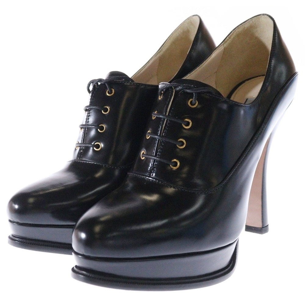 PRADA(プラダ) ハイヒールレザーシューズ レザー 編み上げ ブラック #38 1/2 レディース