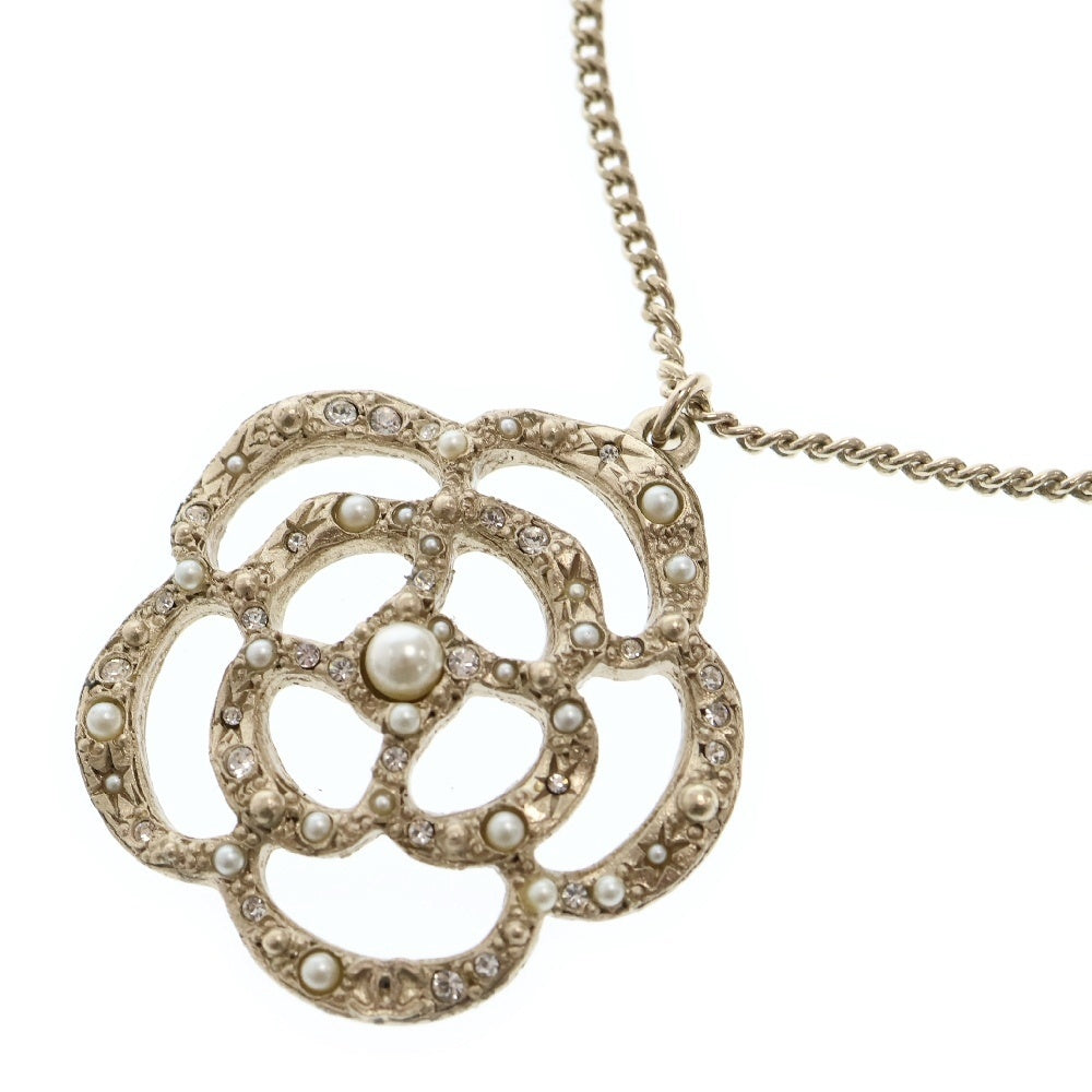 CHANEL(シャネル) カメリア フェイクパール×ラインストーン ネックレス ペンダント シャンパンゴールド ネックレス GP A14V