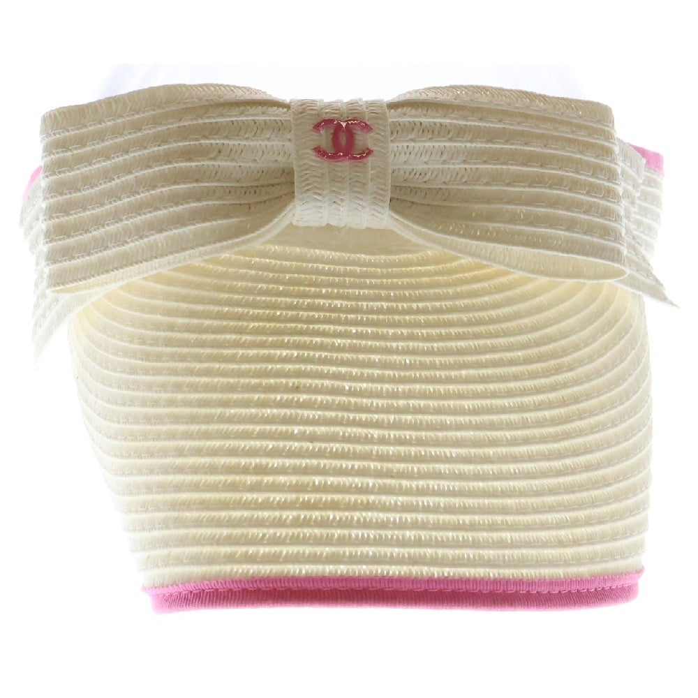 CHANEL(シャネル) ココマーク リボン サンバイザー ホワイト×ピンクキャンバス 帽子 レディース