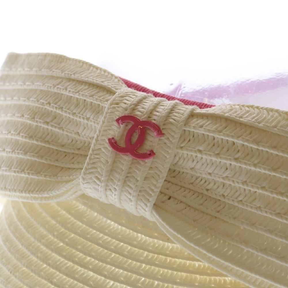 CHANEL(シャネル) ココマーク リボン サンバイザー ホワイト×ピンクキャンバス 帽子 レディース