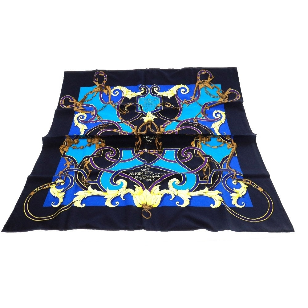 HERMES(エルメス) カレ90 Par Mefsire ANTOINE DE PLVVINEL 馬具 シルクスカーフ ネイビー