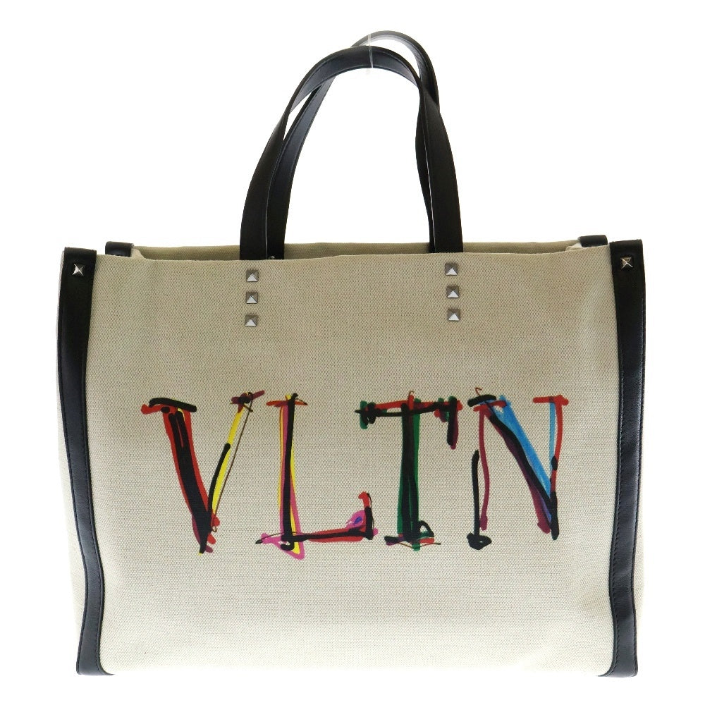 VALENTINO GARAVANI(ヴァレンチノガラヴァーニ) ロックスタッズ ロゴ トートバッグ アイボリー×ブラック キャンバス×レザー