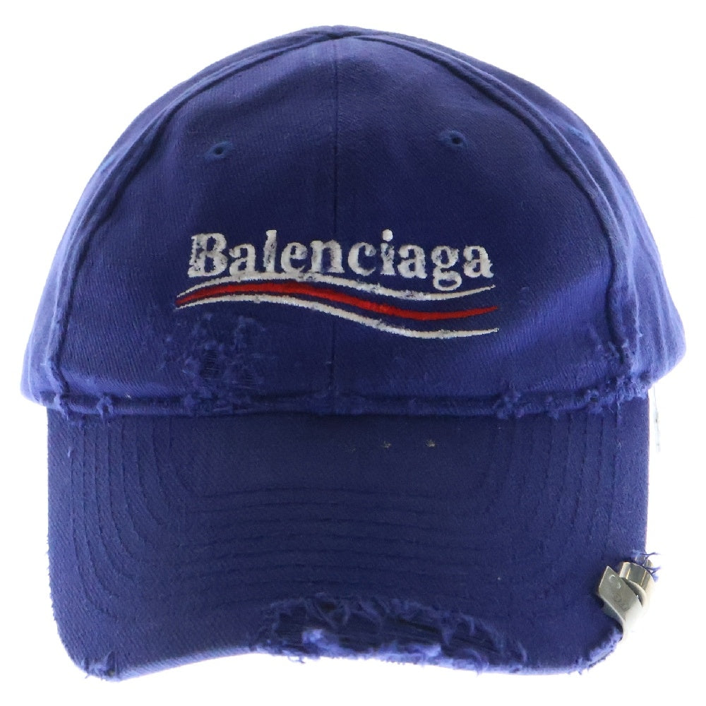 BALENCIAGA(バレンシアガ) 帽子 キャンペーンロゴ刺繍 ダメージ加工 ピアス ベースボールキャップ ブルー コットン #L 766855 410B2