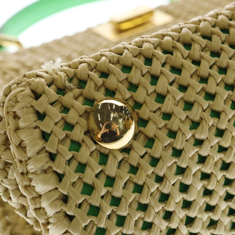 FENDI(フェンディ) ピーカブー 2WAY レザー切替 ラフィア ハンドバッグ ショルダーバッグ ベージュ×グリーン 8BN244