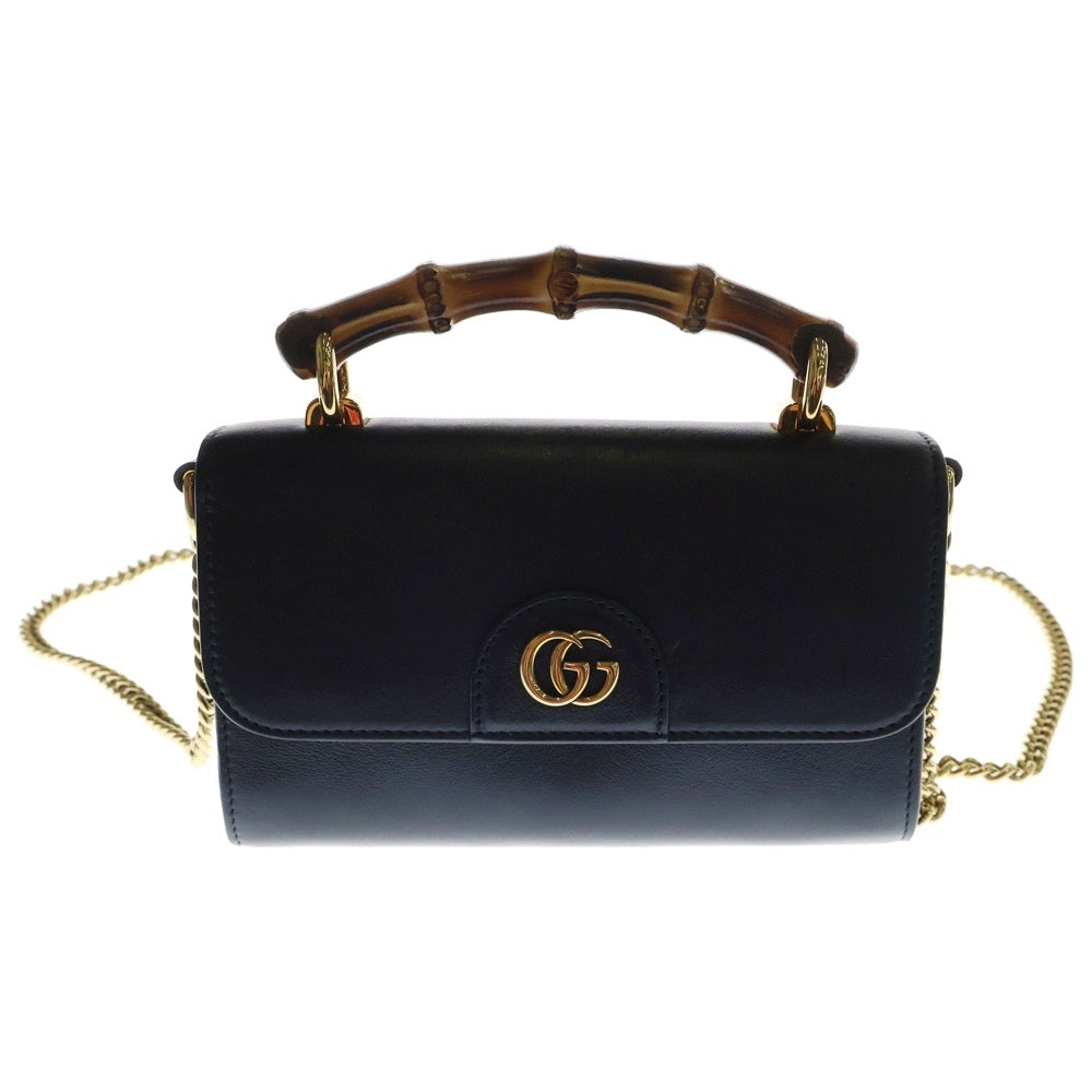 GUCCI(グッチ) バンブー 2wayチェーンショルダーバッグ ハンドバッグ ブラック ゴールド金具 レザー 675795