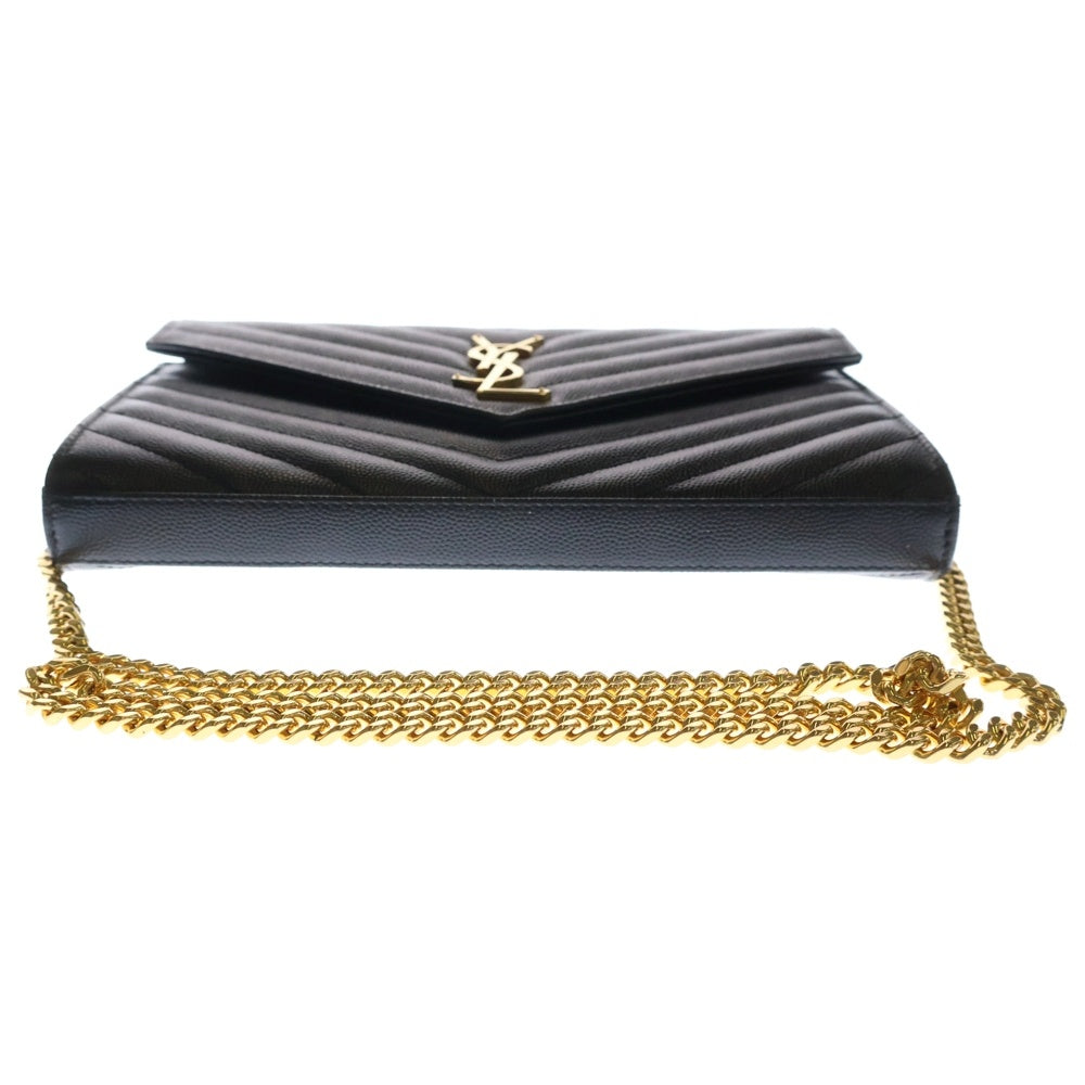 SAINT LAURENT PARIS(サンローランパリ) カサンドラ チェーンウォレット ショルダーバッグ ブラック ゴールド金具 レザー 377823