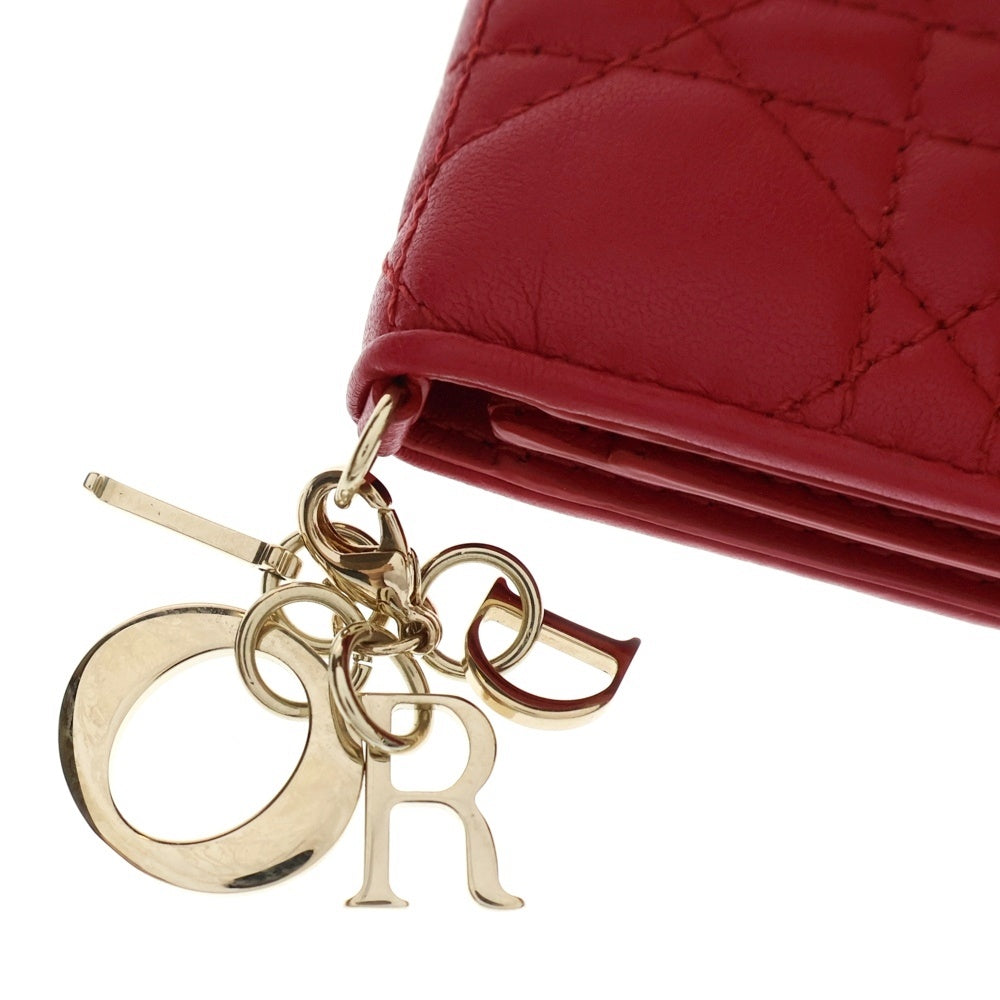Christian Dior(クリスチャンディオール) カナージュ カードケース レッド ゴールド金具 レザー ウォレット