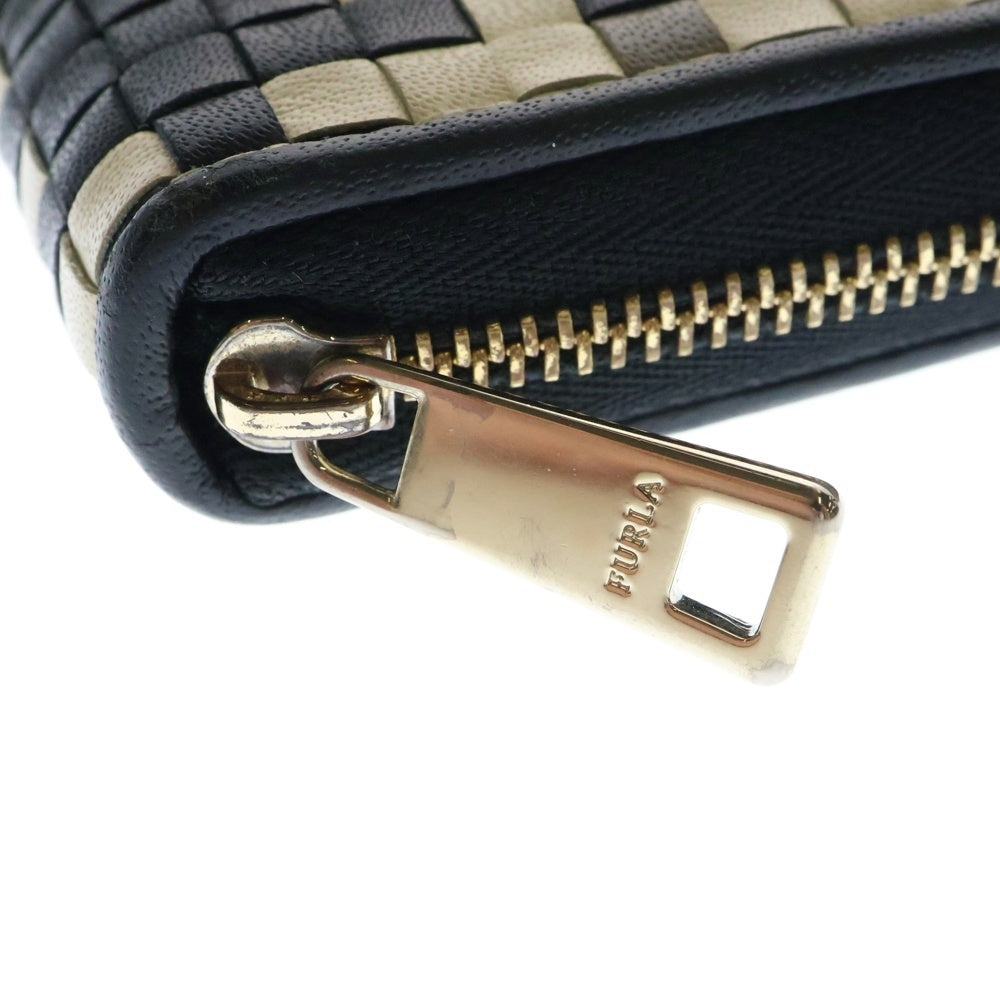 FURLA(フルラ) ラウンドファスナー 長財布 クリーム×ブラック レザー ロングウォレット