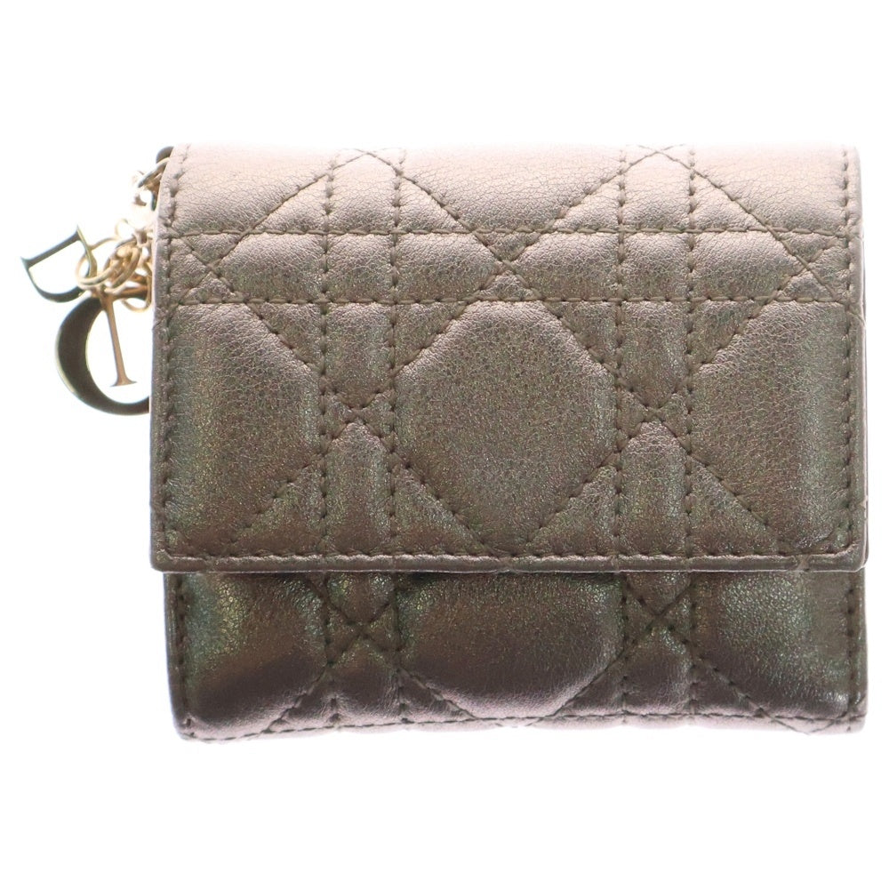 Christian Dior(クリスチャンディオール) レディディオール ロータス カナージュ コンパクトウォレット 三つ折り財布 ゴールド レザー ゴールド金具