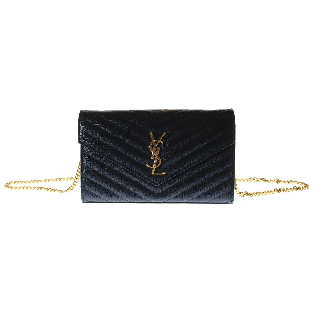 SAINT LAURENT PARIS(サンローランパリ) カサンドラ チェーンショルダーバッグ ショルダーウォレット ハンドバッグ ブラック ゴールド金具 レザー 377828