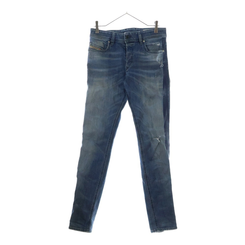 DIESEL(ディーゼル) ダメージ加工 ボタンフライ パッチ付 サイドテープスキニーデニムパンツ ブルー RN93243 CA25594