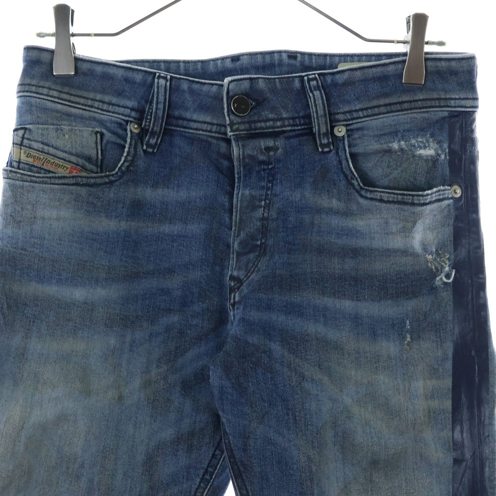 DIESEL(ディーゼル) ダメージ加工 ボタンフライ パッチ付 サイドテープスキニーデニムパンツ ブルー RN93243 CA25594