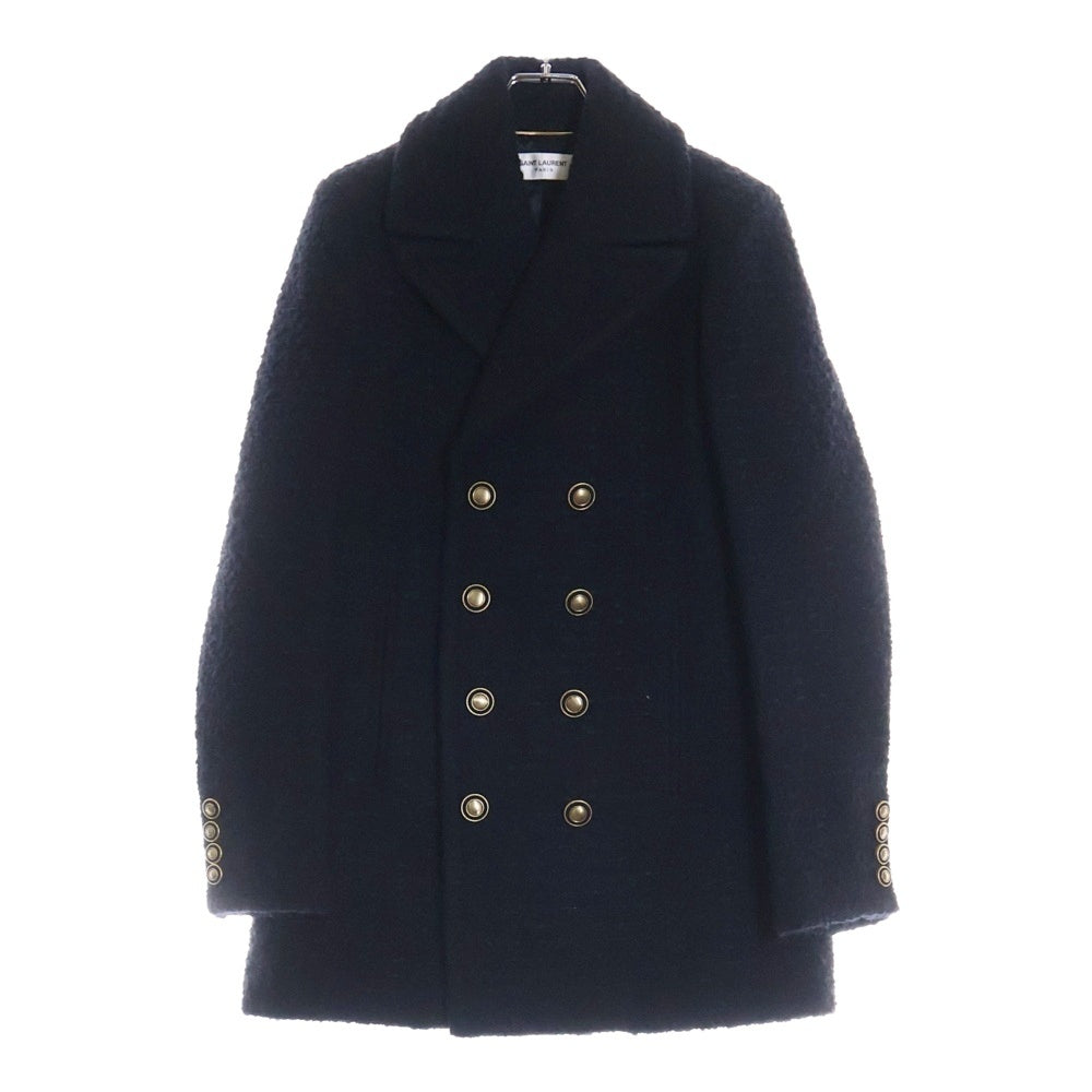 SAINT LAURENT PARIS(サンローランパリ) 21AW シルク混 ウール ツイード ダブルブレスト ピーコート ゴールドボタン ジャケット ブラック 581137 Y7D30