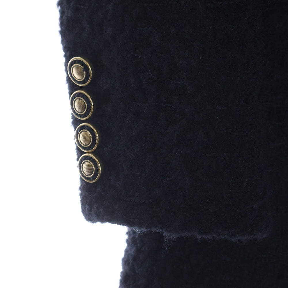 SAINT LAURENT PARIS(サンローランパリ) 21AW シルク混 ウール ツイード ダブルブレスト ピーコート ゴールドボタン ジャケット ブラック 581137 Y7D30