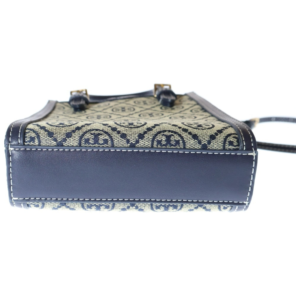 TORY BURCH(トリー バーチ) ロゴ ジャガード 2WAYハンドバッグ ショルダーバッグ ベージュ×ネイビー