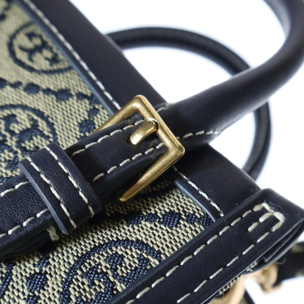 TORY BURCH(トリー バーチ) ロゴ ジャガード 2WAYハンドバッグ ショルダーバッグ ベージュ×ネイビー