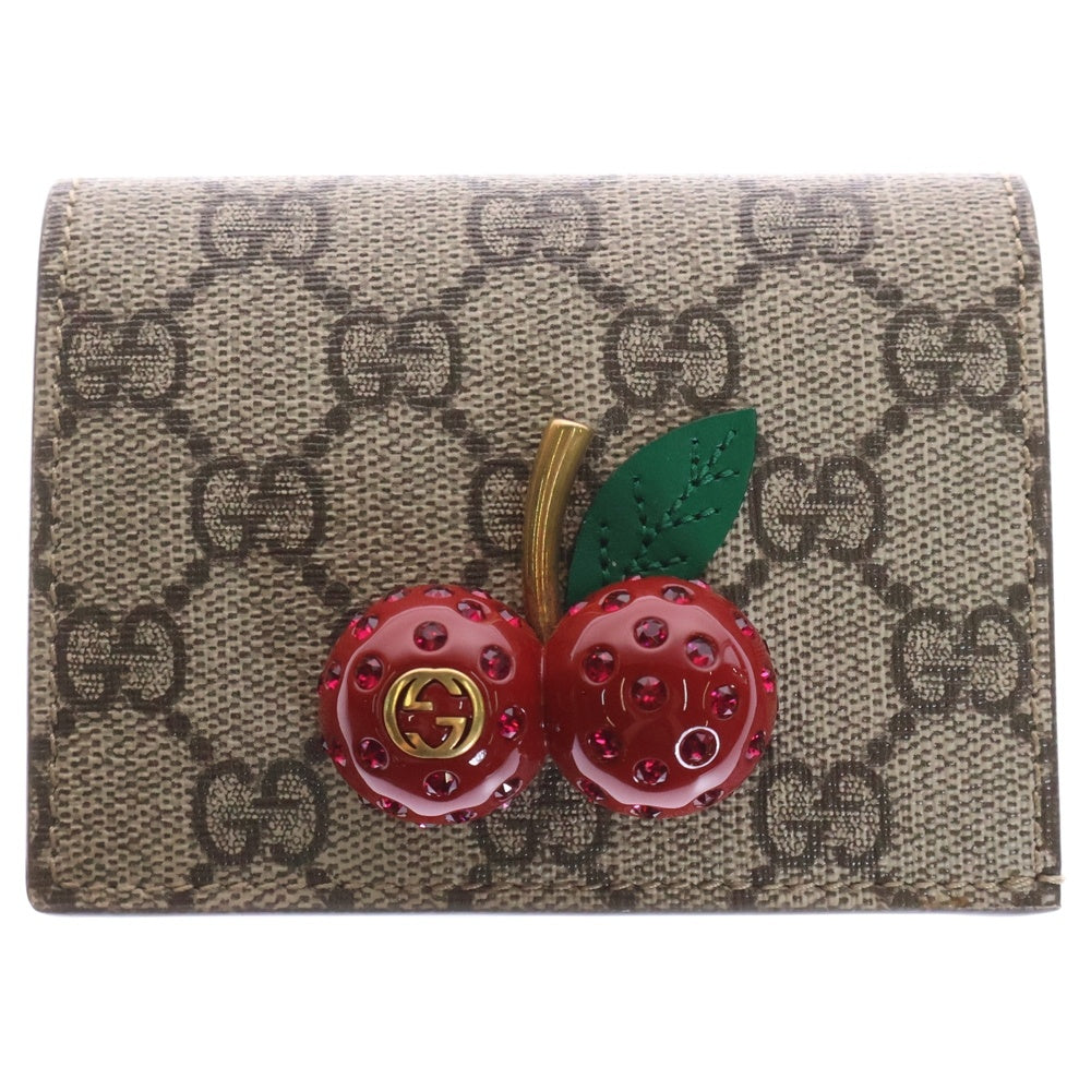 GUCCI(グッチ) GGスプリーム チェリー コンパクトウォレット ベージュ×レッド PVC 二つ折り財布 476050