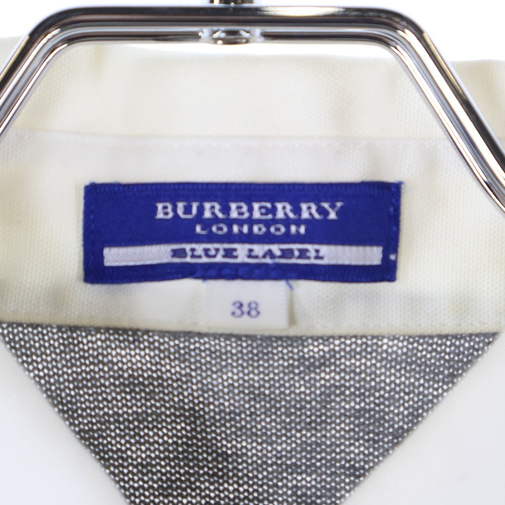 BURBERRY BLUE LABEL(バーバリーブルーレーベル) ワンポイントロゴ刺繍 バックプリント ギャザースリーブ コットンニット 半袖ポロシャツ グレー レディース