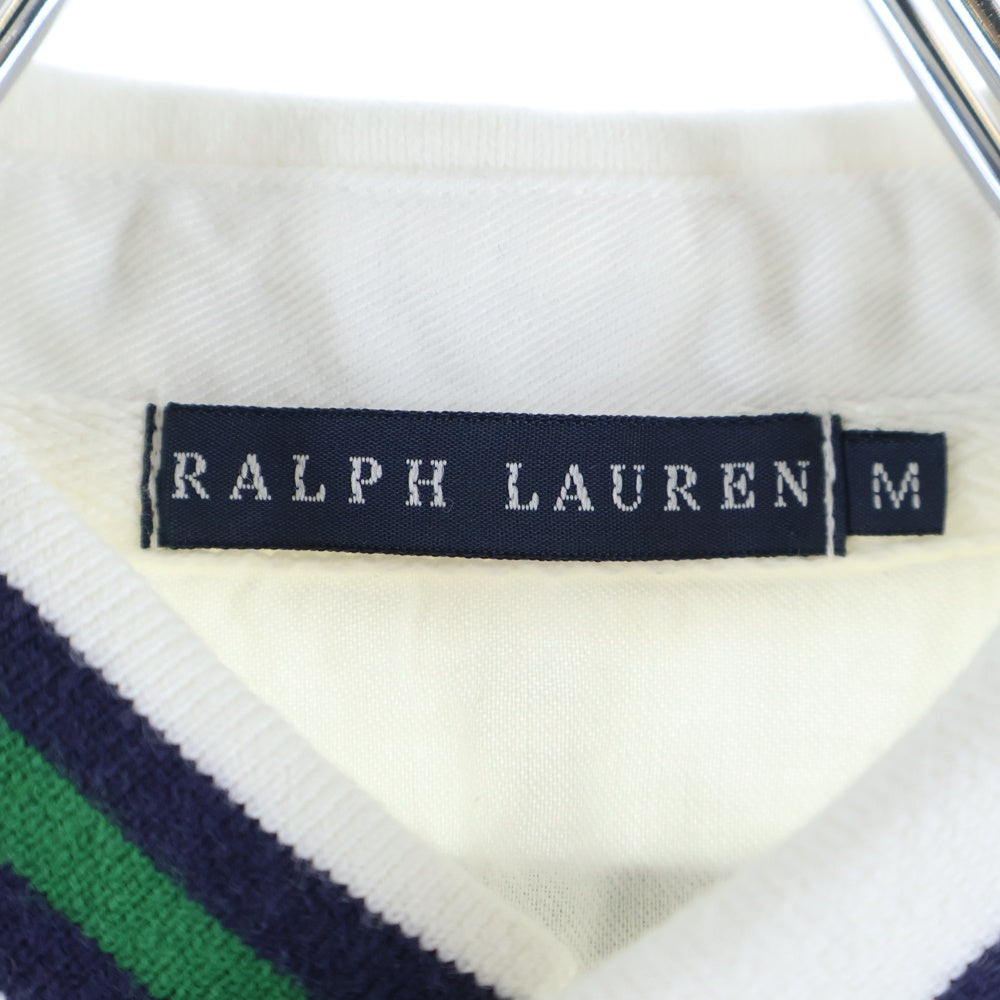 RALPH LAUREN(ラルフローレン) エンブレム刺繍 ボーダー総柄 半袖ポロシャツ ホワイト/ネイビー レディース