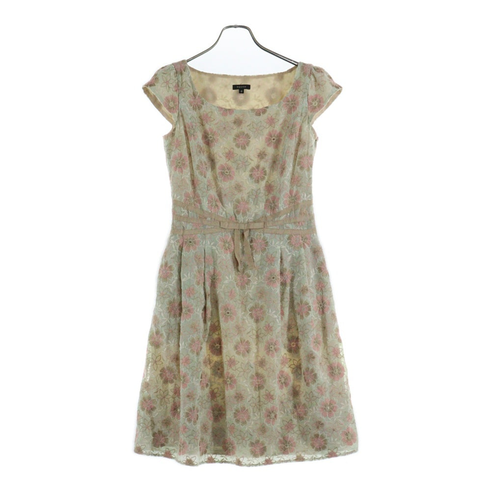 TOCCA(トッカ) フラワー総柄刺繍 リボン ギャザースリーブ ミディアムワンピース ライトグリーン/ピンク レディース