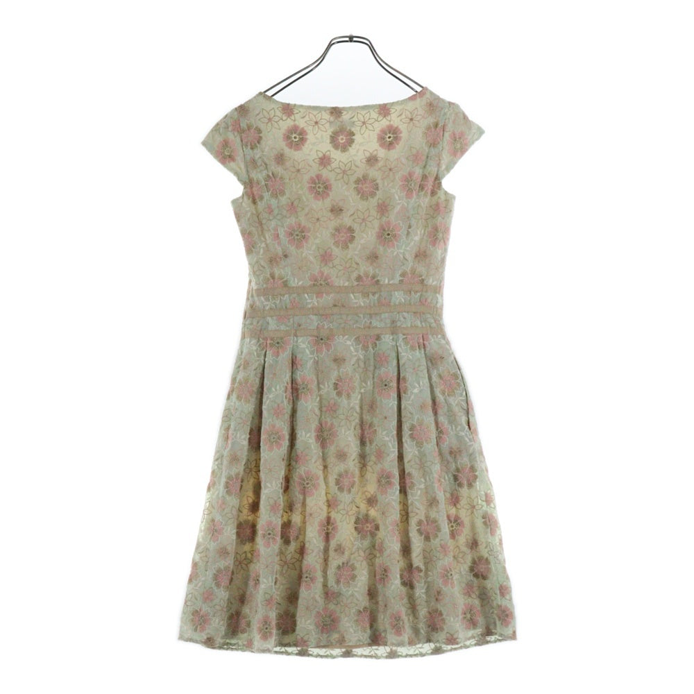 TOCCA(トッカ) フラワー総柄刺繍 リボン ギャザースリーブ ミディアムワンピース ライトグリーン/ピンク レディース