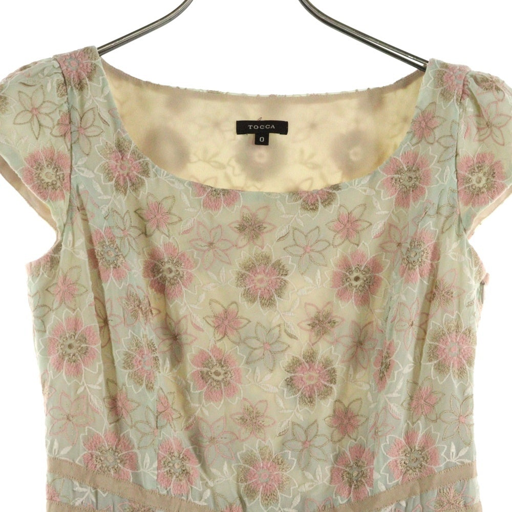 TOCCA(トッカ) フラワー総柄刺繍 リボン ギャザースリーブ ミディアムワンピース ライトグリーン/ピンク レディース