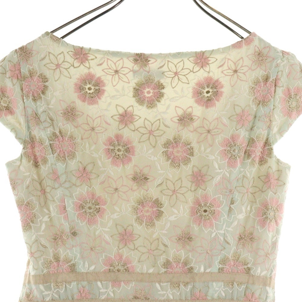 TOCCA(トッカ) フラワー総柄刺繍 リボン ギャザースリーブ ミディアムワンピース ライトグリーン/ピンク レディース