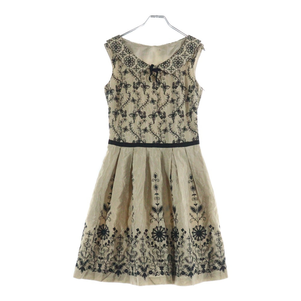 オンワード樫山(オンワードカシヤマ) 刺繍 フラワー総柄 キュプラコットン ノースリーブ ミディアムワンピース ドレス ベージュ レディース