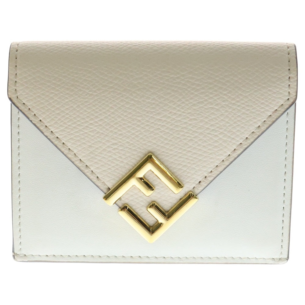 FENDI(フェンディ) FFダイヤモンド 三つ折り財布 コンパクトウォレット コインケース ゴールド金具 ホワイト レザー 8M0480