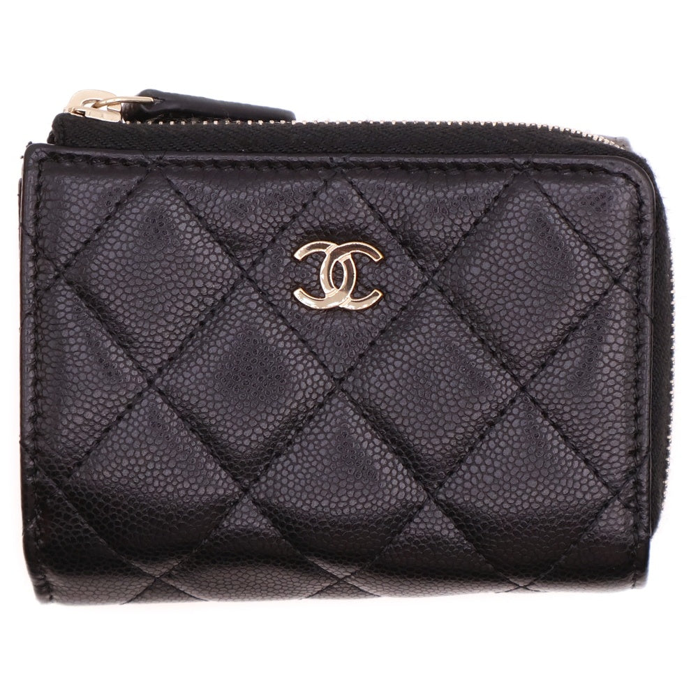CHANEL(シャネル) マトラッセ ココマーク キャビアスキン コンパクトウォレット 三つ折り財布 ゴールド金具 ブラック
