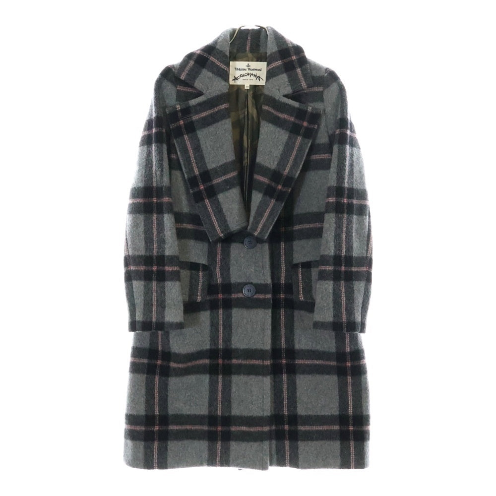 Vivienne Westwood(ヴィヴィアンウエストウッド) 変形 チェック総柄 ビッグラペル 2B ウール チェスターコート グレー レディース 15-01-662012