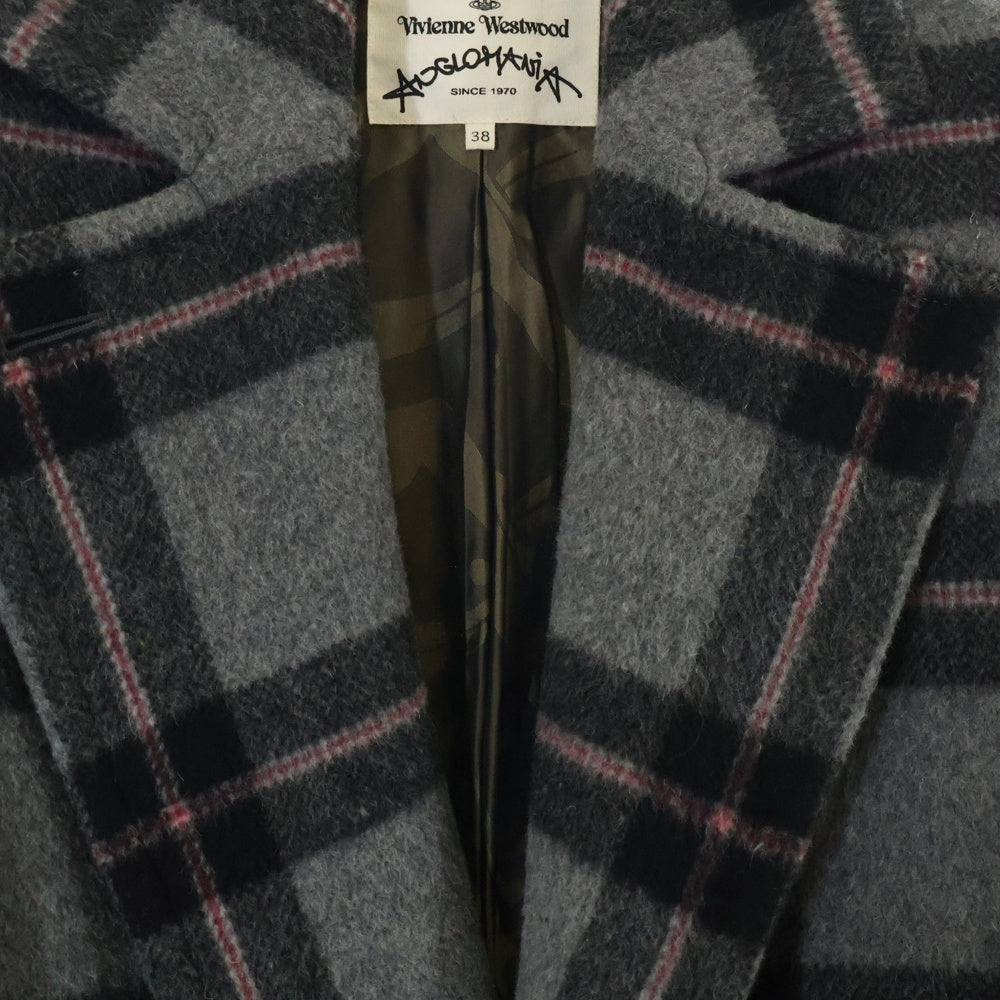 Vivienne Westwood(ヴィヴィアンウエストウッド) 変形 チェック総柄 ビッグラペル 2B ウール チェスターコート グレー レディース 15-01-662012