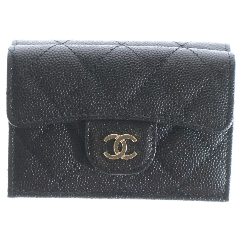 CHANEL(シャネル) マトラッセ キャビアスキン ココマーク コンパクトウォレット 三つ折り財布 シルバー金具 ブラック