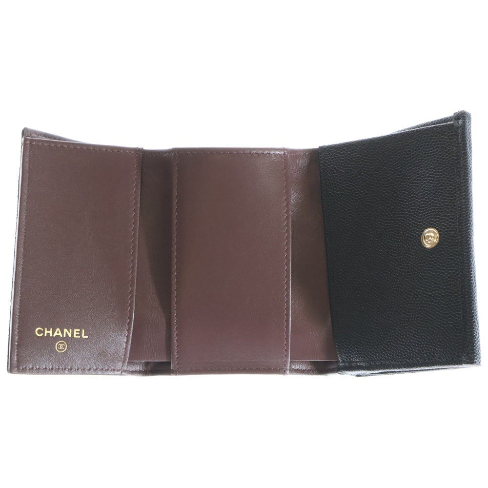 CHANEL(シャネル) マトラッセ キャビアスキン ココマーク コンパクトウォレット 三つ折り財布 シルバー金具 ブラック