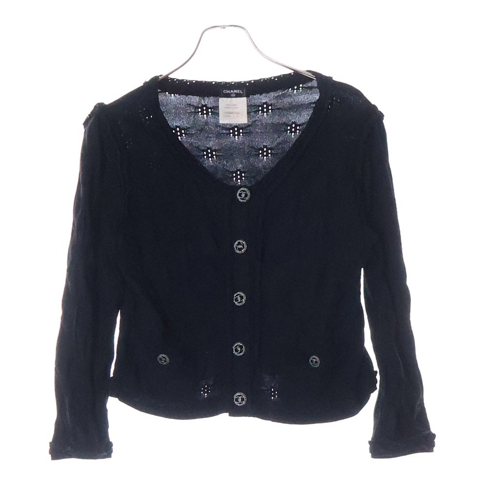 CHANEL(シャネル) ココマークボタン フリル ナイロン混 レーヨン ニット カーディガン ブラック レディース P40395K02942