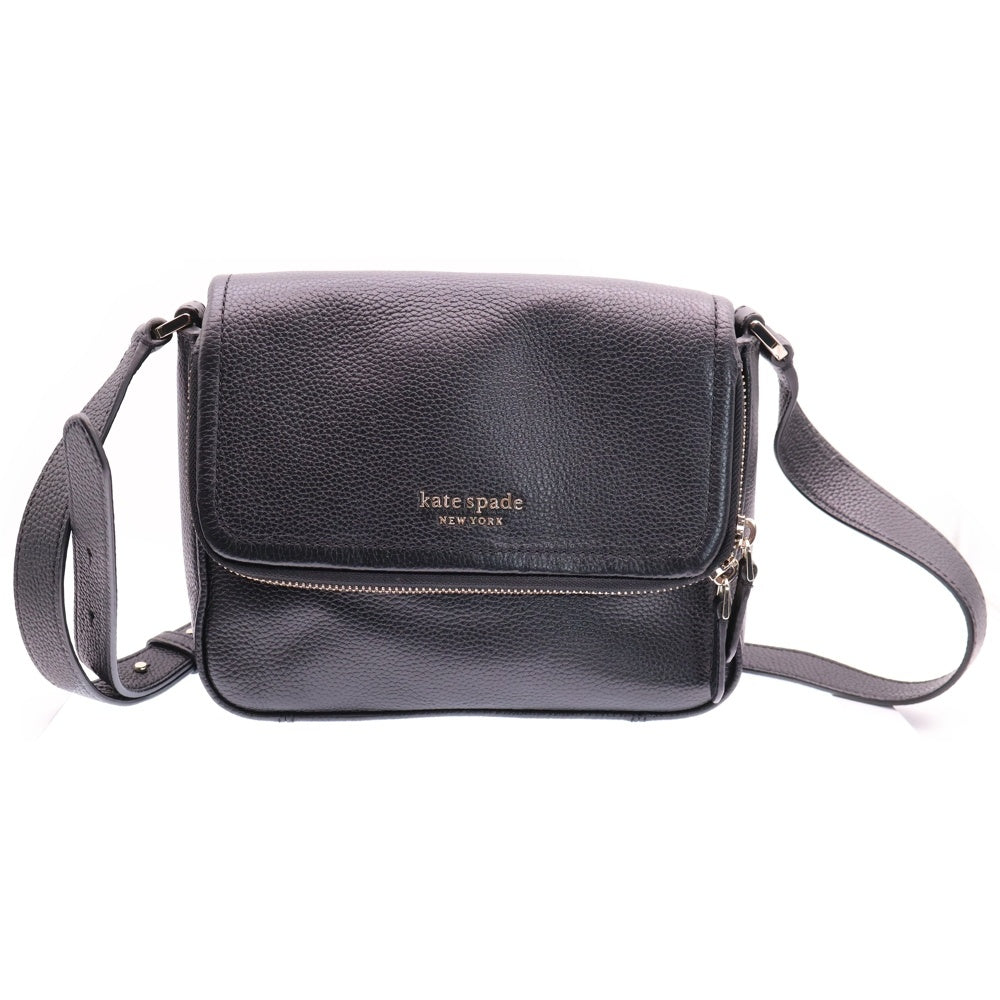Kate Spade(ケイトスペード) ランアラウンド ジップデザイン ロゴプレート レザー ショルダーバッグ シルバー金具 ブラック レディース PXR00404 001