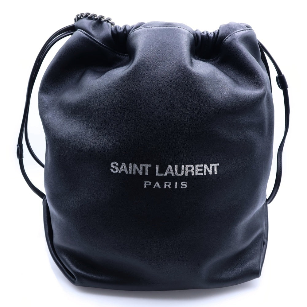 SAINT LAURENT PARIS(サンローランパリ) テディバケット ロゴプリント レザー ドローストリング チェーンショルダーバッグ ブラック 538447
