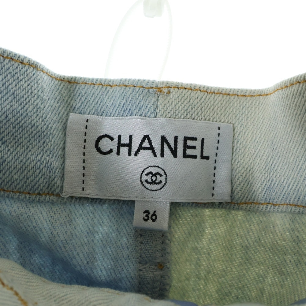 CHANEL(シャネル) ココマーク ホースボタン バイカラー ラップ ワイドフレアデニムパンツ ジーンズ インディゴ P58075V44057